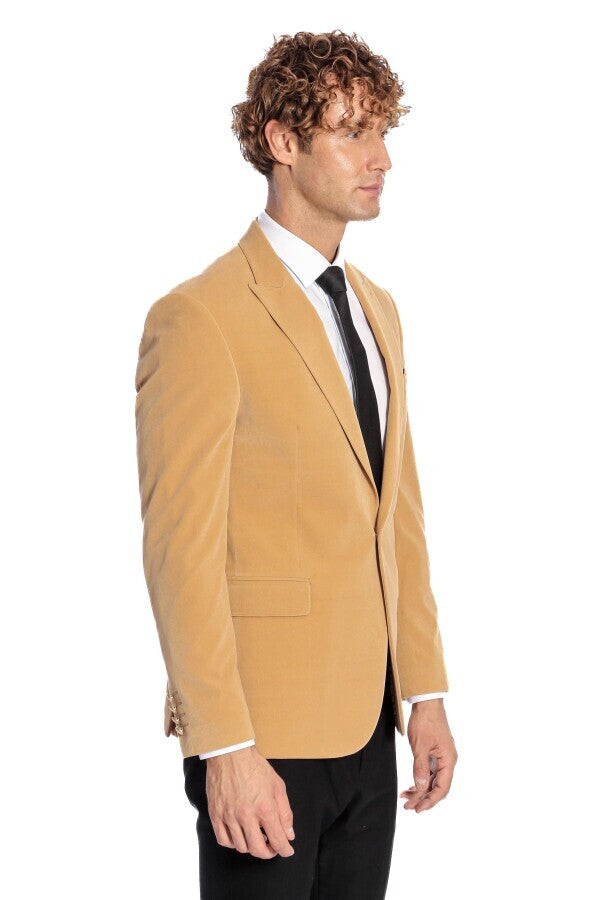 Blazer de terciopelo color albaricoque con solapas anchas para hombre - Wessi