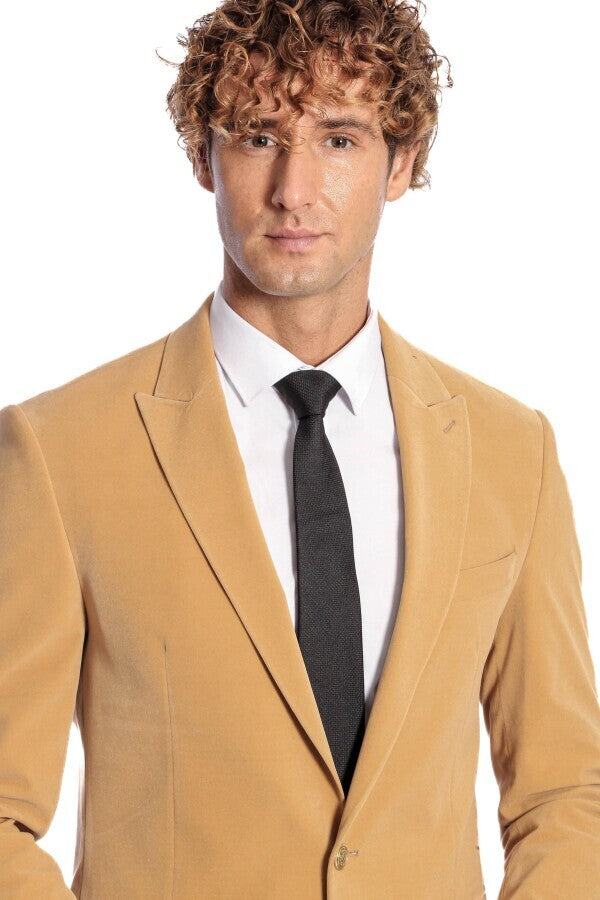 Blazer de terciopelo color albaricoque con solapas anchas para hombre - Wessi