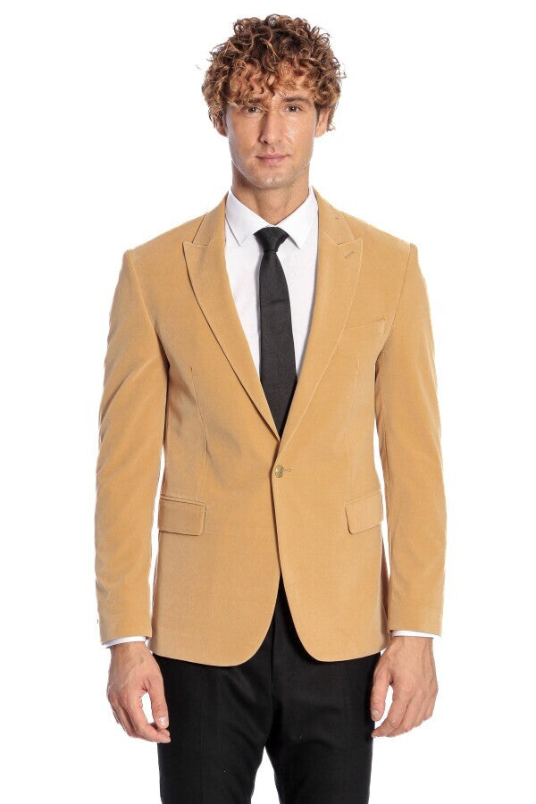 Wide Lapel Velvet Apricot Men Blazer - Wessi