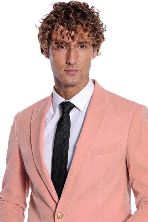 Wide Lapel Velvet Pink Men Blazer - Wessi