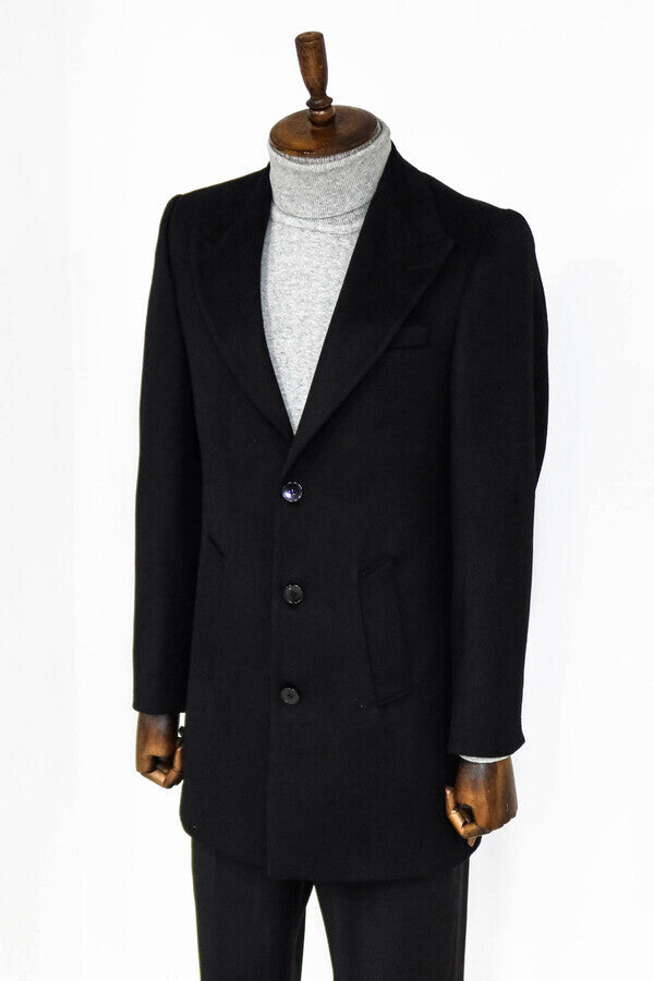 Wide Lapel Wool Black Men Coat - Wessi