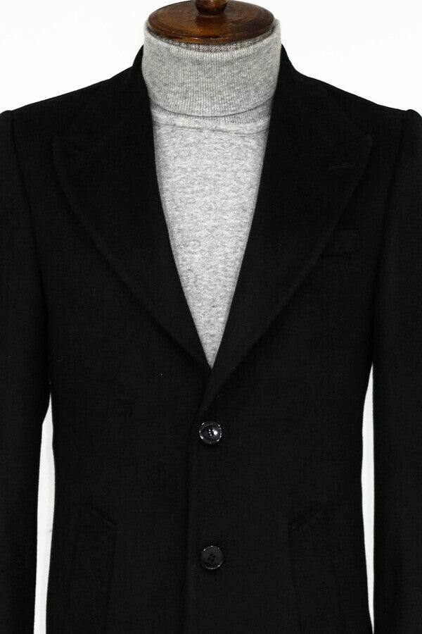 Wide Lapel Wool Black Men Coat - Wessi