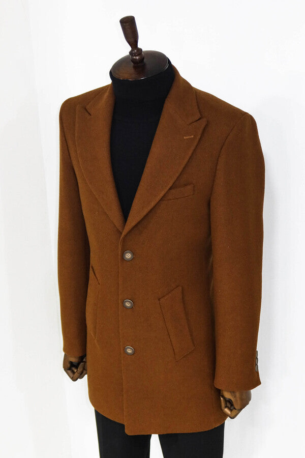 Wide Lapel Wool Brown Men Coat - Wessi