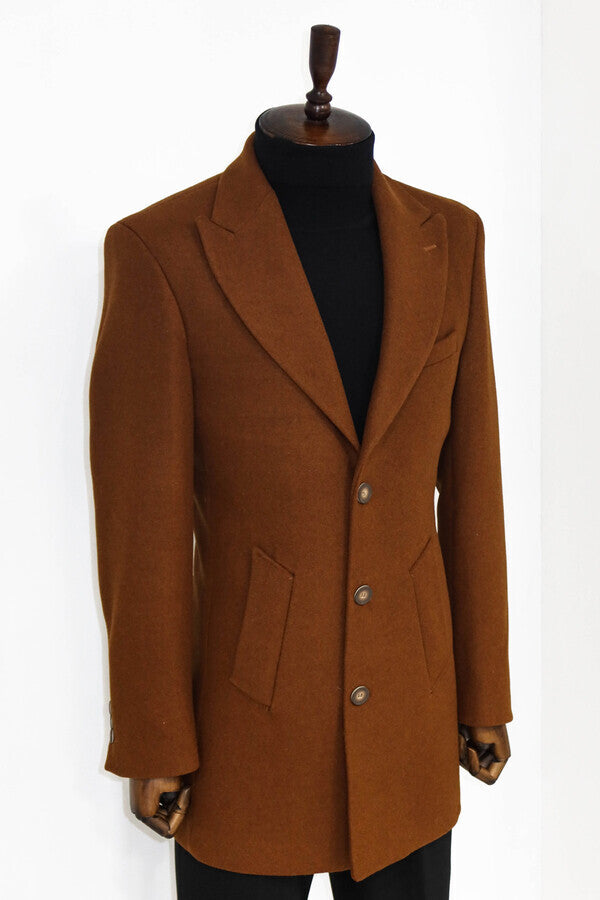 Wide Lapel Wool Brown Men Coat - Wessi