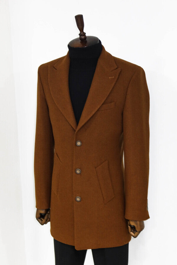 Wide Lapel Wool Brown Men Coat - Wessi