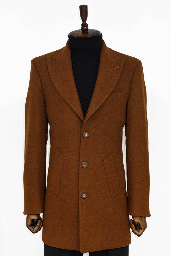 Wide Lapel Wool Brown Men Coat - Wessi