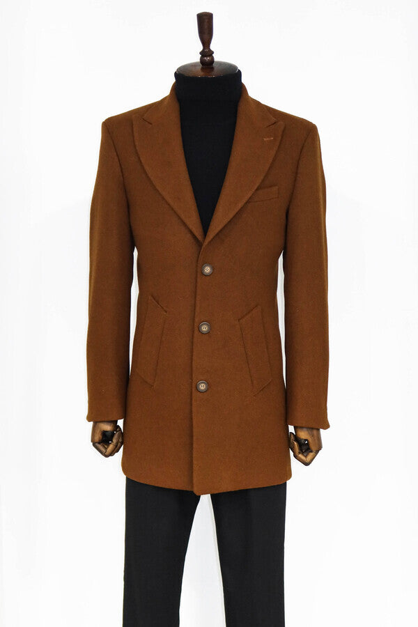 Wide Lapel Wool Brown Men Coat - Wessi