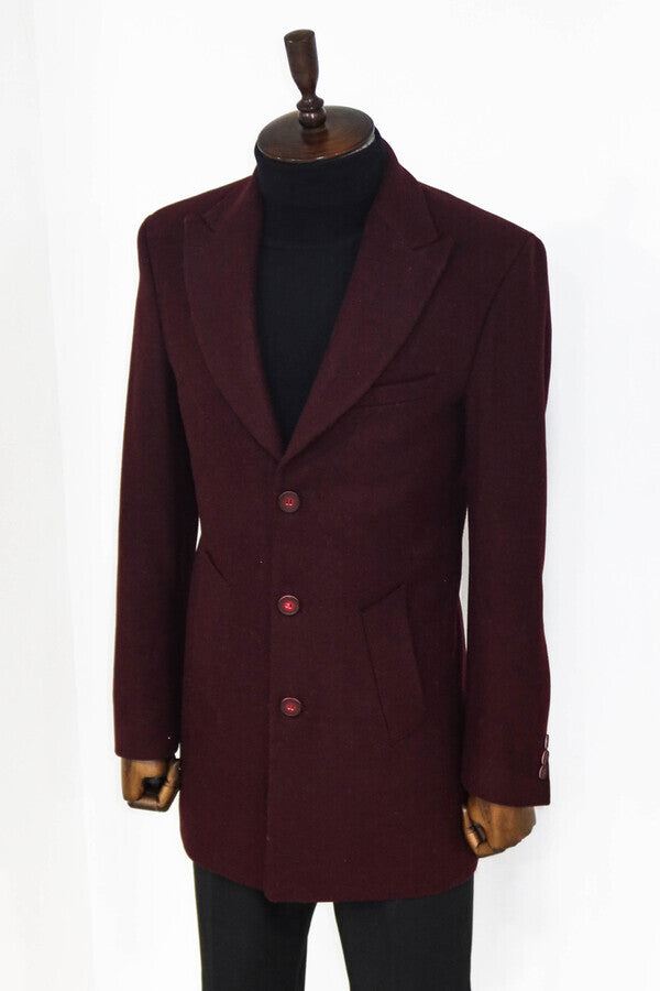 Wide Lapel Wool Burgundy Men Coat - Wessi