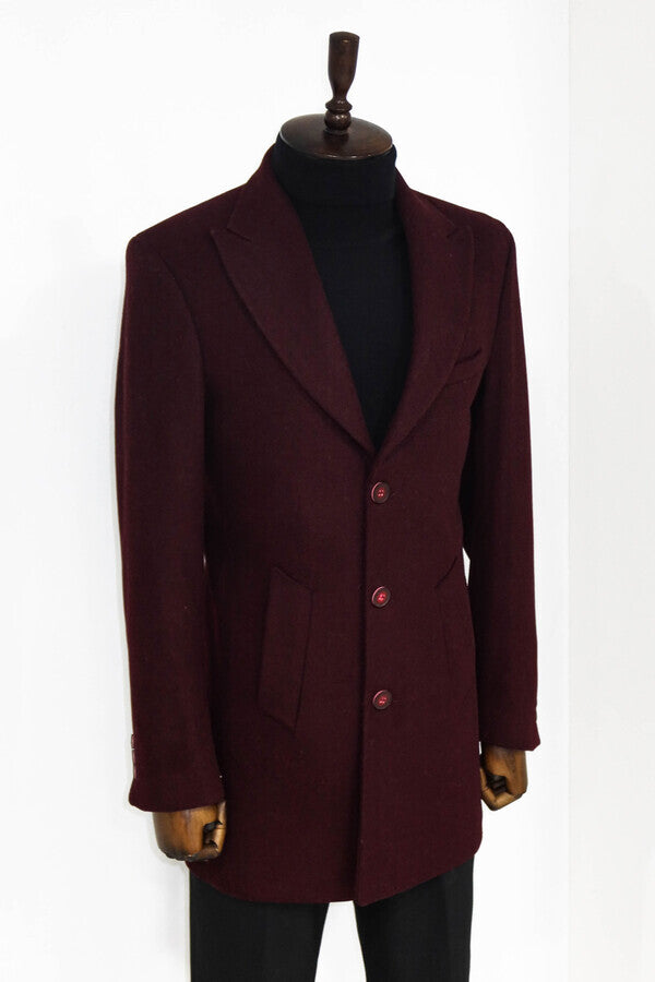 Wide Lapel Wool Burgundy Men Coat - Wessi