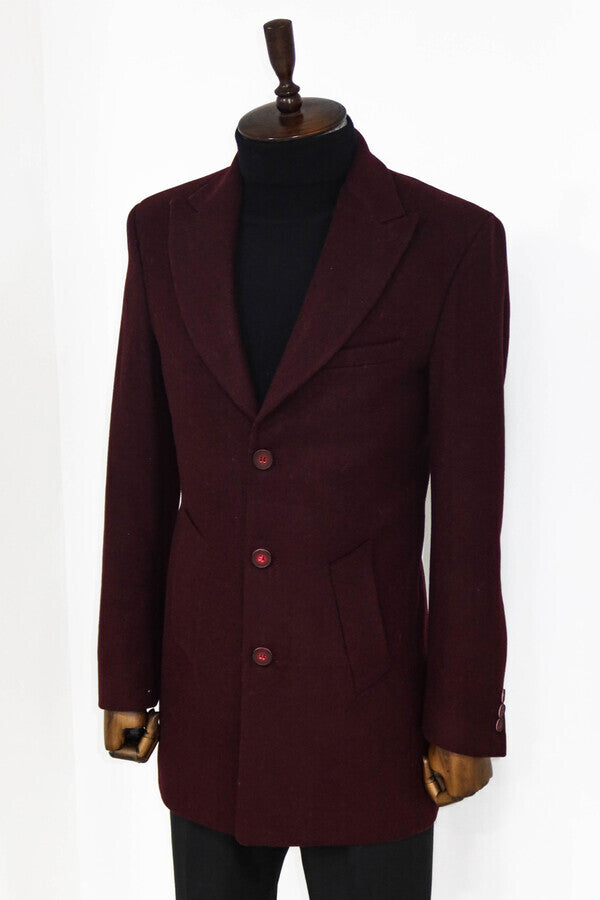 Wide Lapel Wool Burgundy Men Coat - Wessi