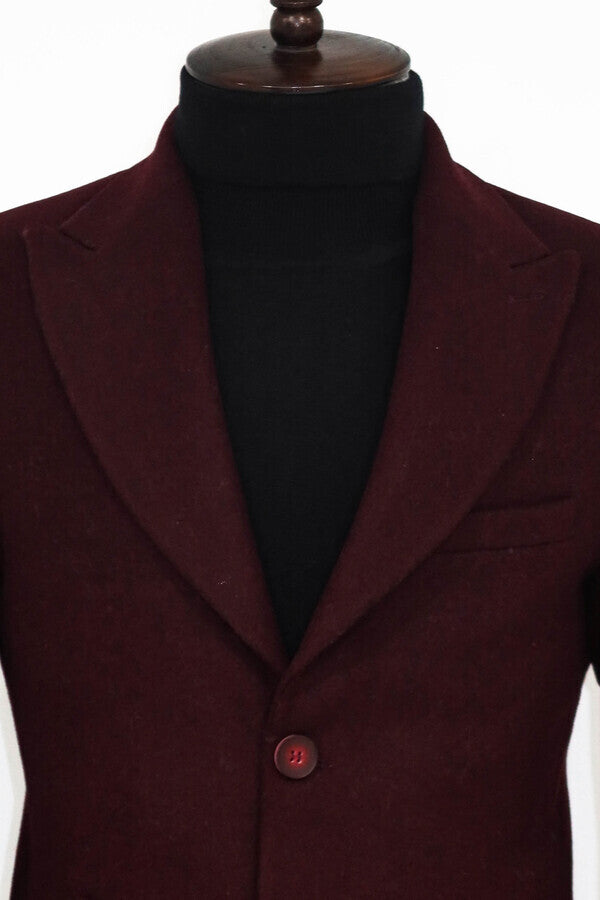 Wide Lapel Wool Burgundy Men Coat - Wessi