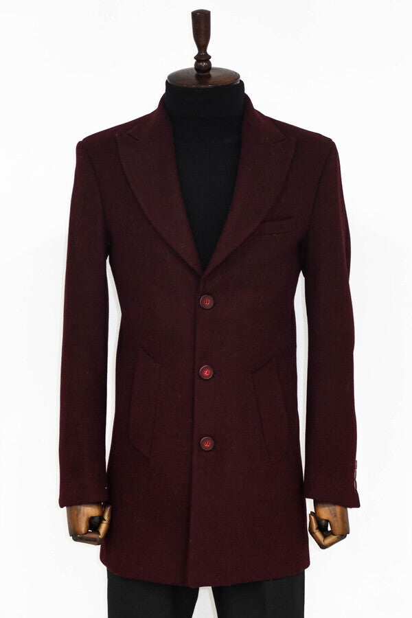 Wide Lapel Wool Burgundy Men Coat - Wessi