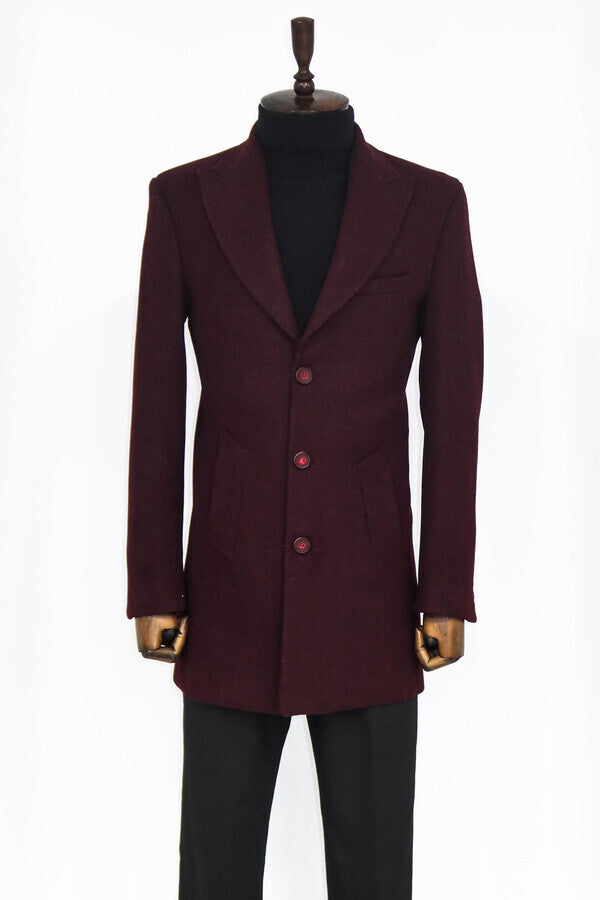 Wide Lapel Wool Burgundy Men Coat - Wessi