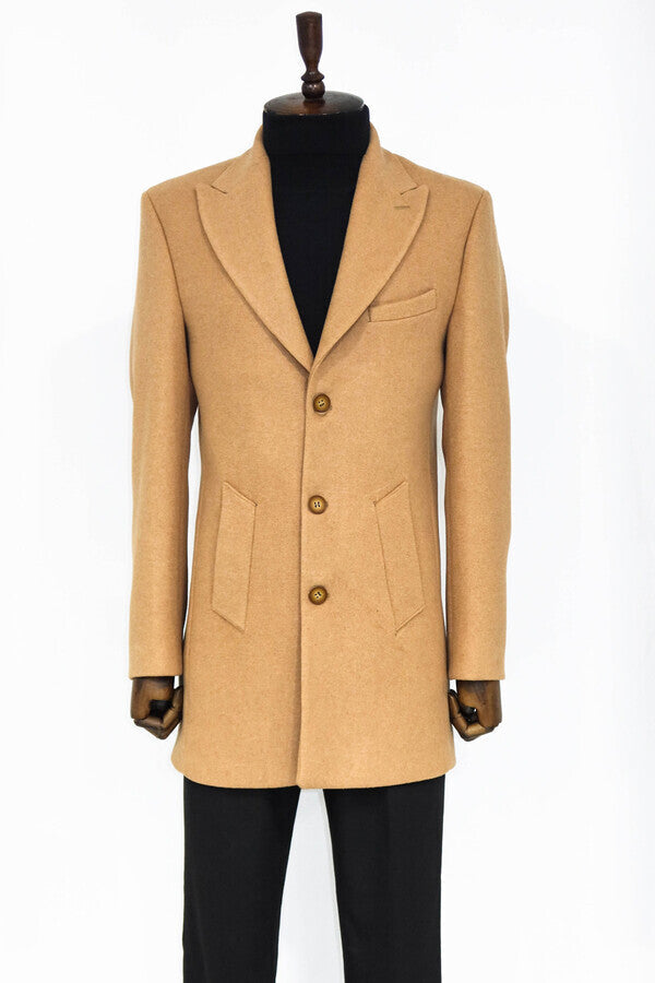 Wide Lapel Wool Cream Men Coat - Wessi