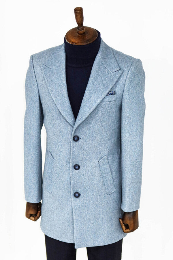 Wide Lapel Wool Light Blue Men Coat - Wessi