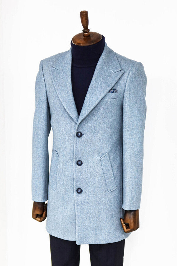 Wide Lapel Wool Light Blue Men Coat - Wessi