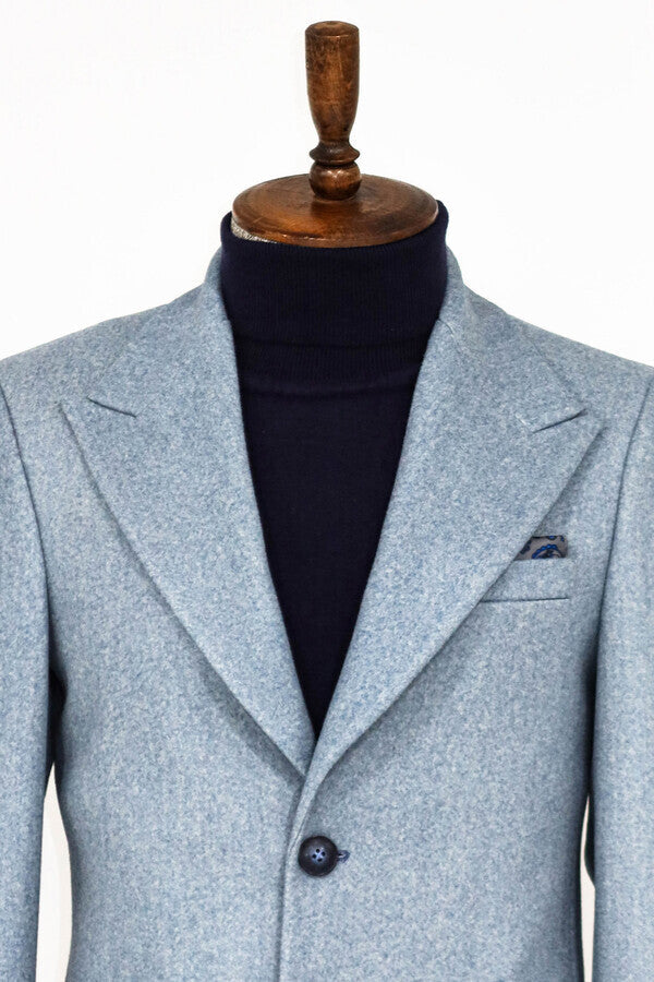 Wide Lapel Wool Light Blue Men Coat - Wessi