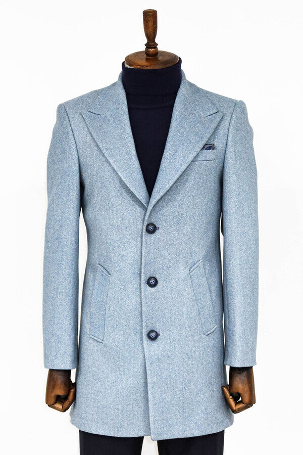 Wide Lapel Wool Light Blue Men Coat - Wessi