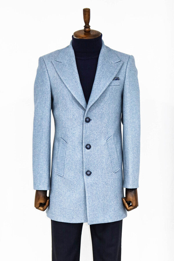 Wide Lapel Wool Light Blue Men Coat - Wessi