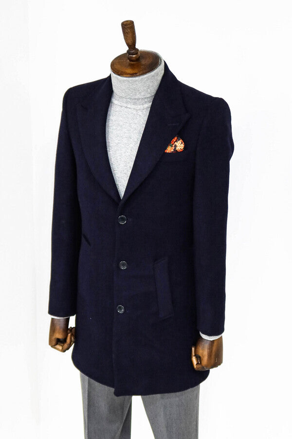 Wide Lapel Wool Navy Blue Men Coat - Wessi