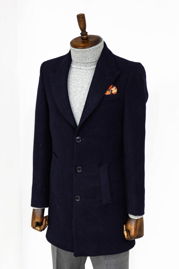 Wide Lapel Wool Navy Blue Men Coat - Wessi