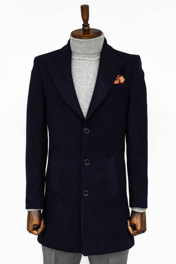 Wide Lapel Wool Navy Blue Men Coat - Wessi