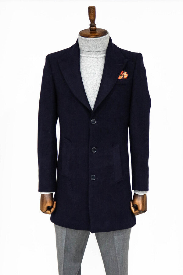 Wide Lapel Wool Navy Blue Men Coat - Wessi