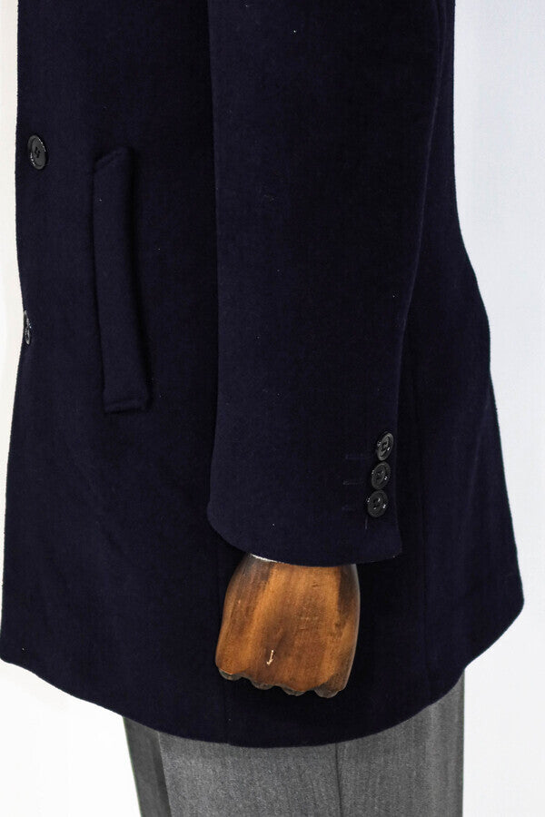 Wide Lapel Wool Navy Blue Men Coat - Wessi