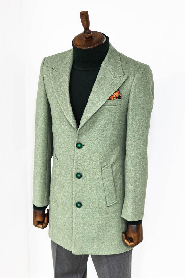 Wide Lapel Wool Oil Green Men Coat - Wessi