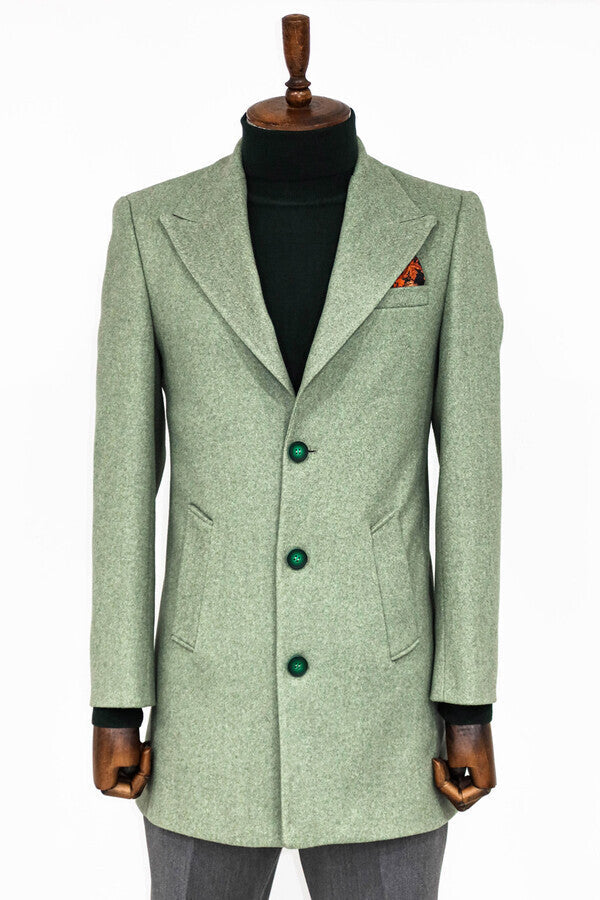 Wide Lapel Wool Oil Green Men Coat - Wessi