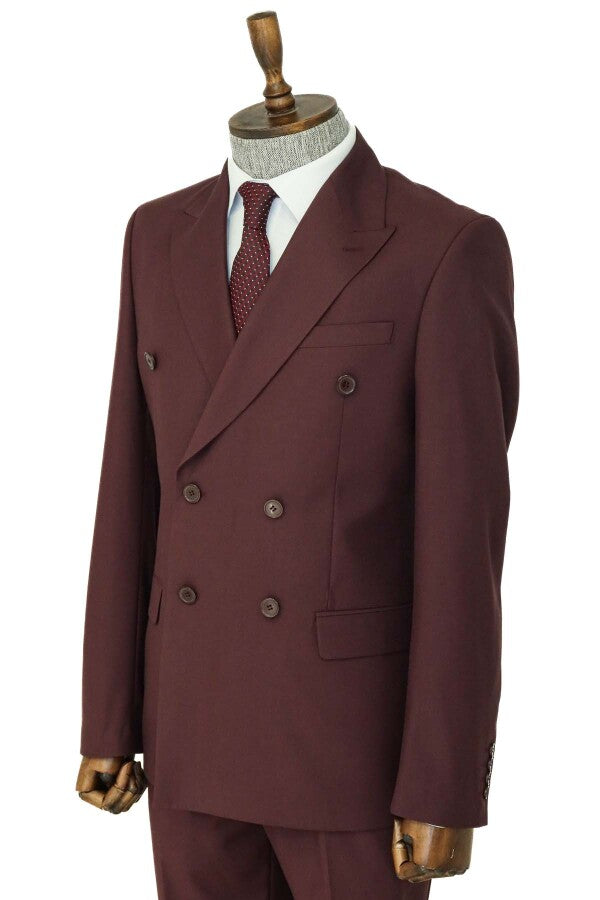 Wide Peak Collar Slim Fit Burgundy Men Double-Breasted Suit - Wessi