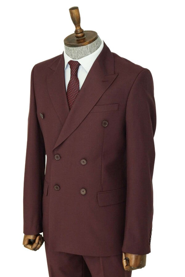 Wide Peak Collar Slim Fit Burgundy Men Double-Breasted Suit - Wessi