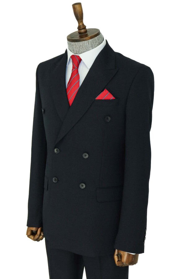 Wide Peak Lapel Patterned Double Breasted Black Men Suit  - Wessi