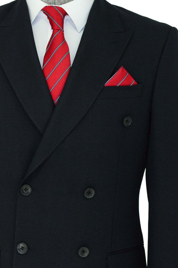 Wide Peak Lapel Patterned Double Breasted Black Men Suit  - Wessi