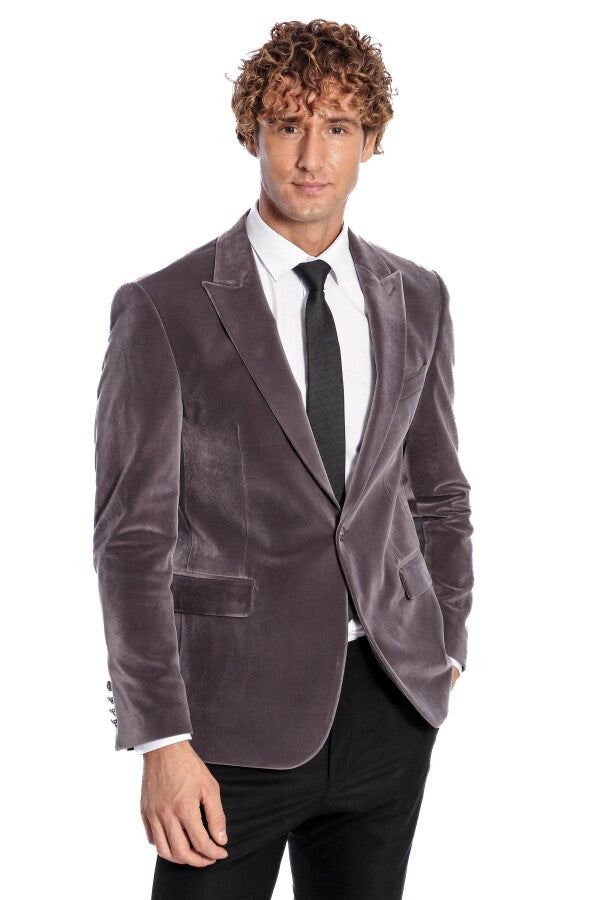 Wide Peak Lapel Single Button Velvet Grey Men Blazer - Wessi