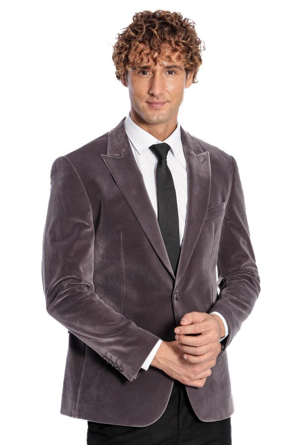 Blazer de terciopelo gris con un solo botón y solapa ancha para hombre - Wessi