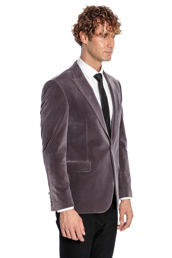 Blazer de terciopelo gris con un solo botón y solapa ancha para hombre - Wessi