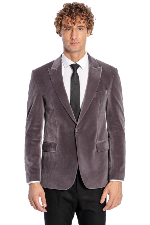 Blazer de terciopelo gris con un solo botón y solapa ancha para hombre - Wessi