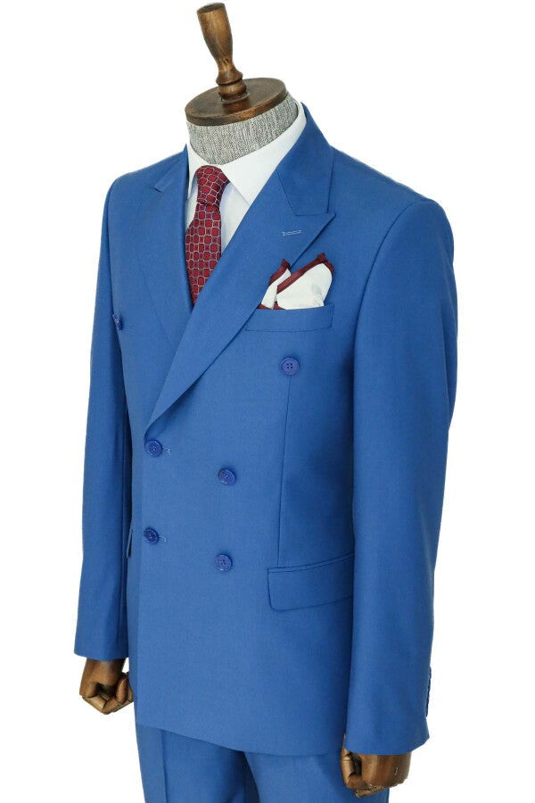 Wide Peak Lapel Striped Slim Fit Blue Men Double-Breasted Suit - Wessi