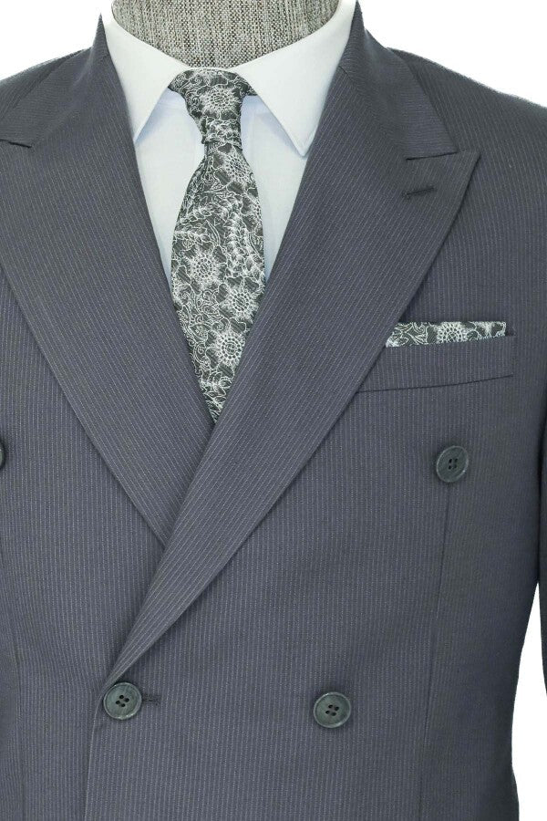 Wide Peak Lapel Striped Slim Fit Gray Men Double-Breasted Suit - Wessi