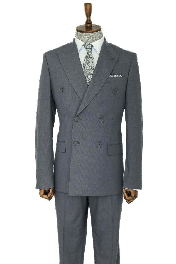 Wide Peak Lapel Striped Slim Fit Gray Men Double-Breasted Suit - Wessi