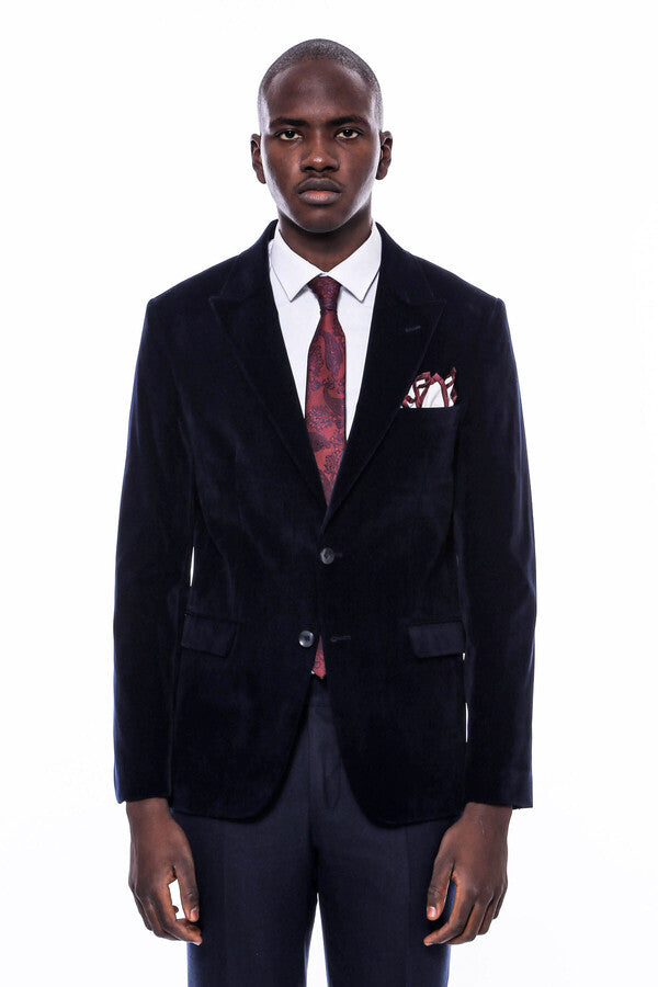 Wide Peak Lapel Velvet Navy Blue Men Blazer - Wessi