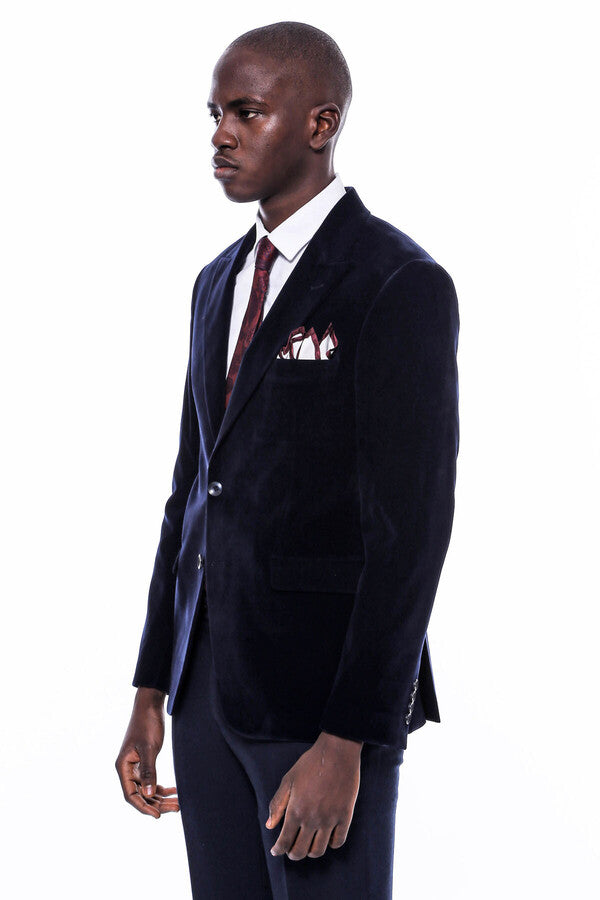 Wide Peak Lapel Velvet Navy Blue Men Blazer - Wessi