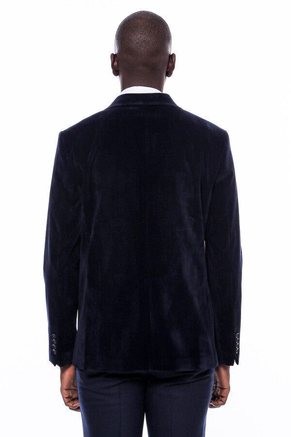 Wide Peak Lapel Velvet Navy Blue Men Blazer - Wessi