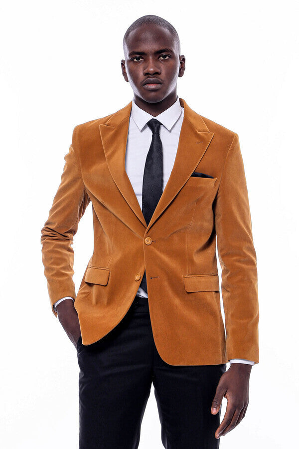 Wide Peak Lapel Velvet Yellow Blazer - Wessi