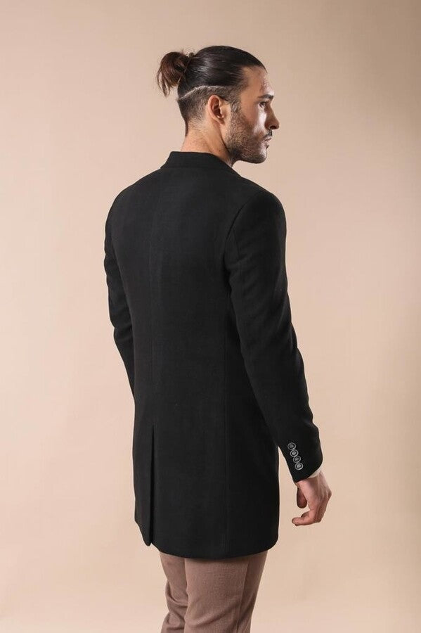 Wide Pointed Collar Over Knee Black Men Coat - Wessi