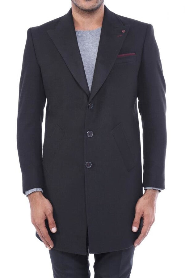 Wide Pointed Collar Over Knee Black Men Coat - Wessi