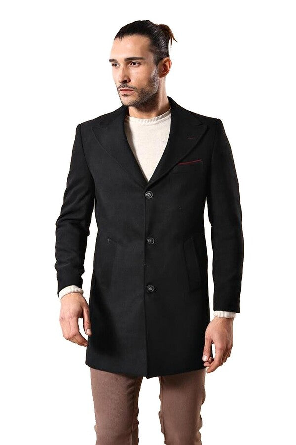 Wide Pointed Collar Over Knee Black Men Coat - Wessi