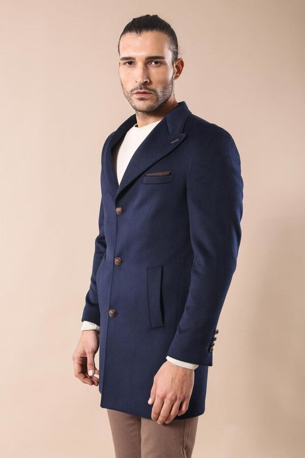 Wide Pointed Collar Over Knee Navy Blue Men Coat - Wessi