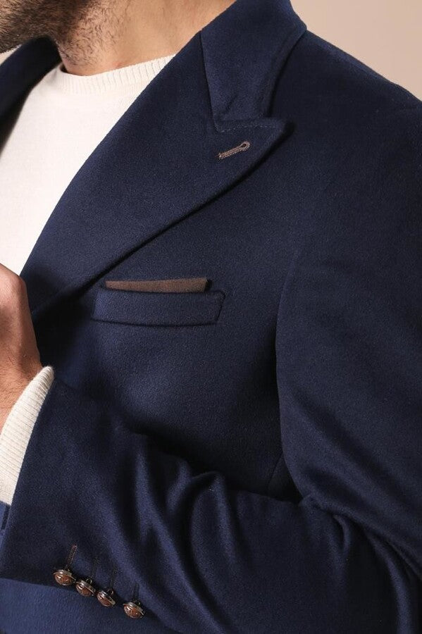 Wide Pointed Collar Over Knee Navy Blue Men Coat - Wessi